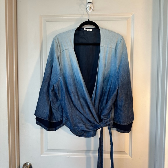 Standards & Practices Blue Ombre Chambray/Tencel Soft Bell Sleeves Wrap Top, 2X - Picture 14 of 14